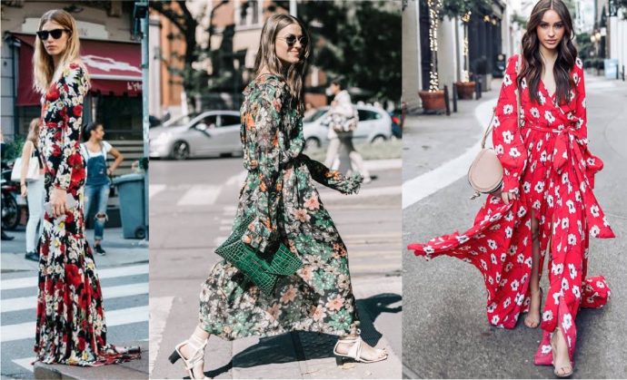 3 mulheres usam vestidos com estampas floridas